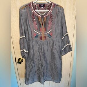 JOHNNY WAS Workshop Gaia Paris Embroidered Grey Dress Tunic Sz Large